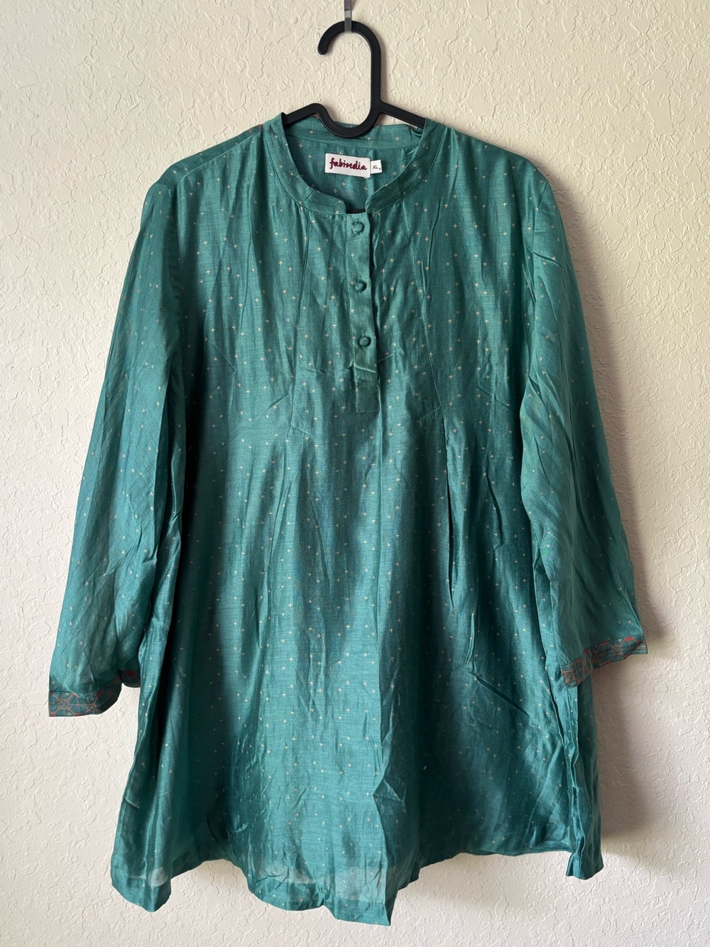 Fabindia | Women's 3/4 Sleeve Cotton Silk Blend Tunic Top Size XL Green Star